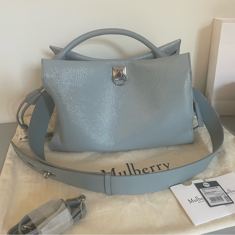 Authentic MULBERRY IRIS Cloud Blue spongy patent leather bag & triple lock strap